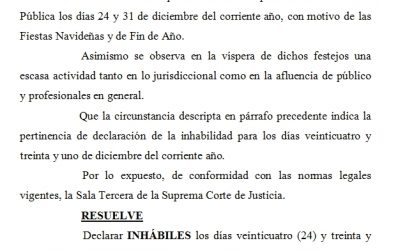 ACORDADA N° 27.046 – INHABILIDAD 24 Y 31 DE DICIEMBRE