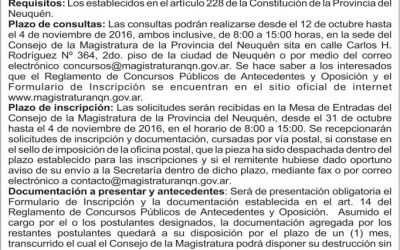 Consejo de la Magistratura de Neuquén. Convocatoria Concurso Nº 124